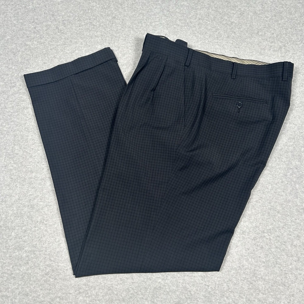 Ralph Lauren Dress Slack Pant Black Check Men Sz 38x32 Poly/Rayon Cuffed Pleated